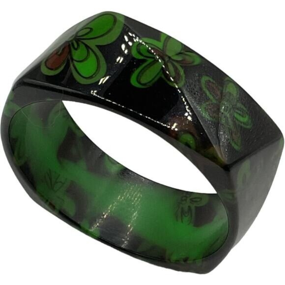 Geometric Black & Green Floral Resin Bangle Bracelet - Picture 3 of 5